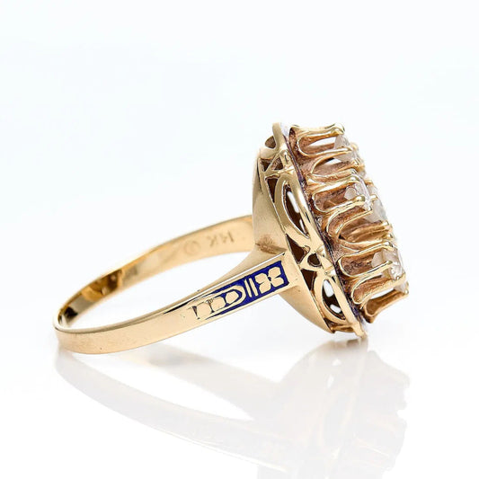 14k Yellow Gold Blue Enamel & Diamond Ring