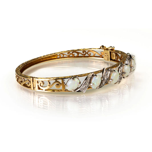 14k Yellow & White Gold Opal Diamond Bangle Bracelet