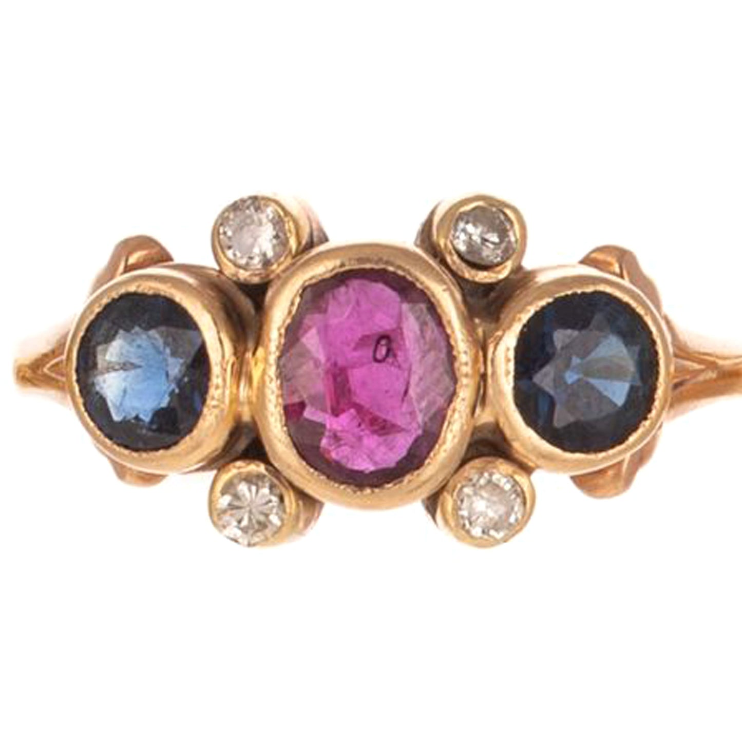 14K yellow gold ring featuring bezel set oval ruby and round sapphires with diamond accents