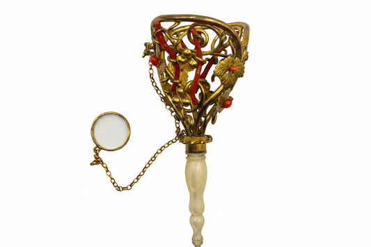 Antique Gilt Metal Tussie Mussie Wirework Entwined with Natural Coral Branches