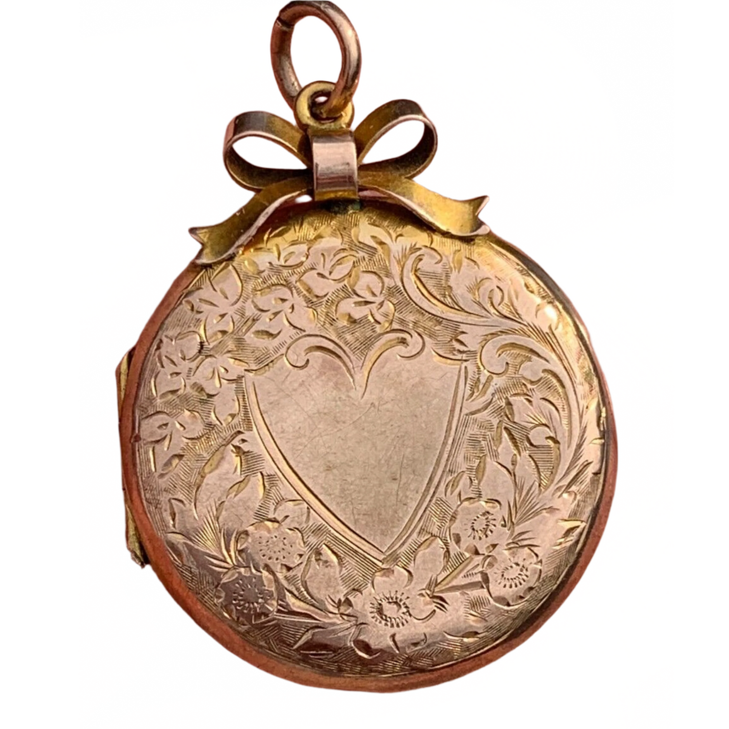 9ct gold engraved locket pendant, ribbon & bow top
