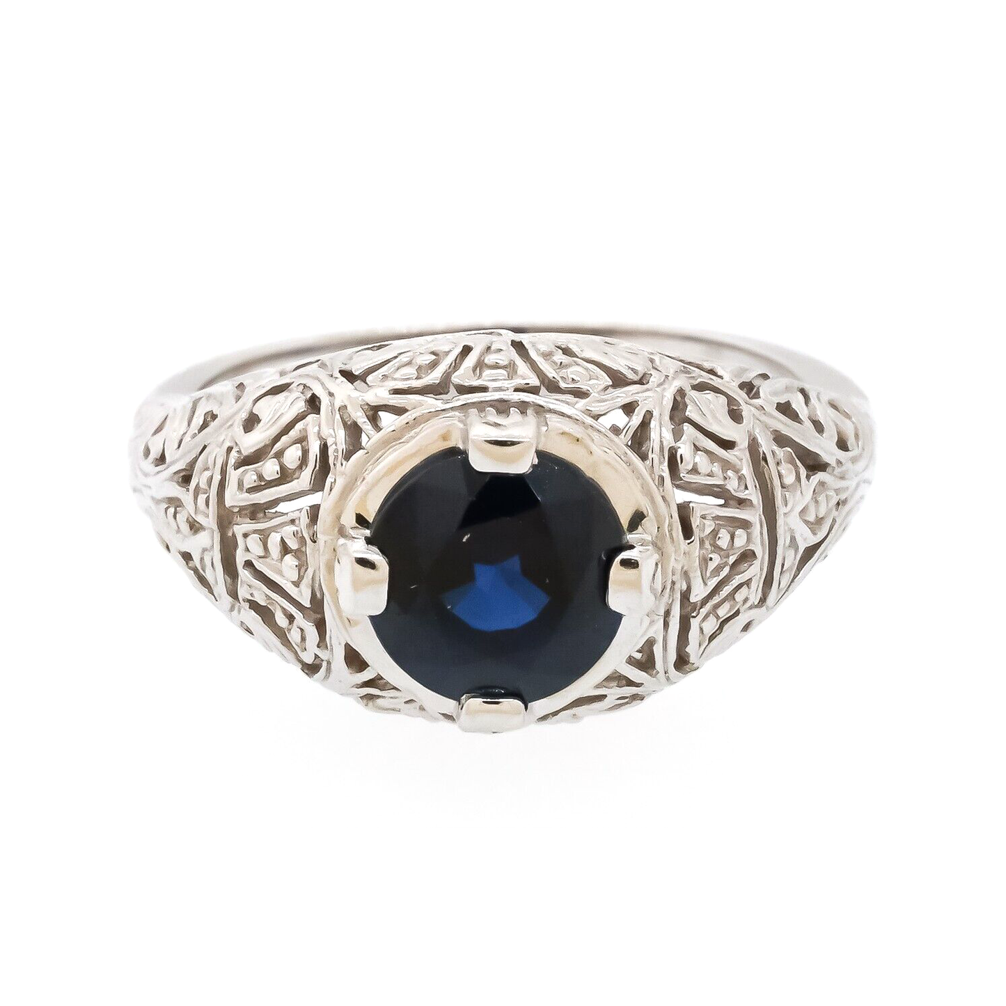 Heavy 18K White Gold 1.80 Ct Sapphire Filigree Ring