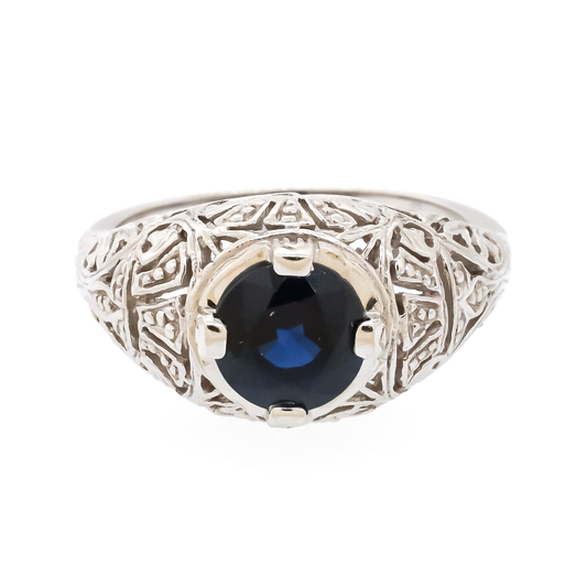 Heavy 18K White Gold 1.80 Ct Sapphire Filigree Ring