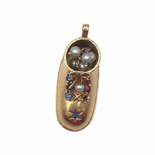 14 kt. Gold Shoe Charm Pearls, Sapphires, Rubies