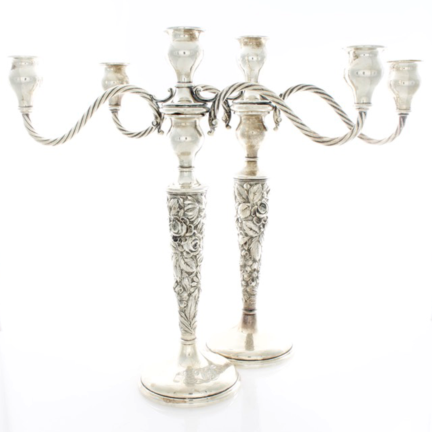 Rose By Stieff Pair Of Sterling Silver Three Light Candelabra