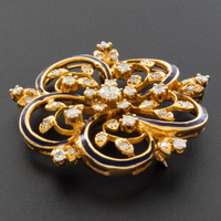 Vintage Diamond & Black Enamel 14K Gold Floral Motif Pin Brooch