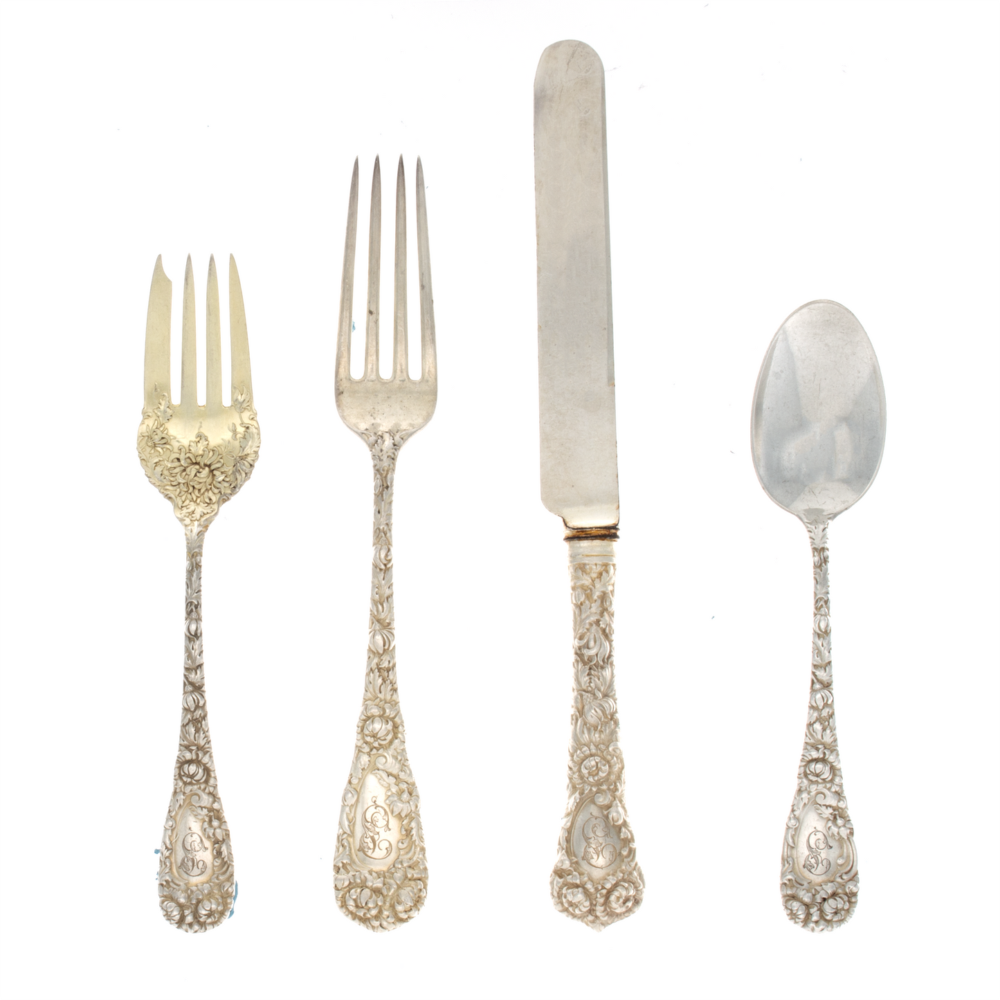 Durgin Chrysanthemum Sterling Silver 4 Piece Luncheon Setting