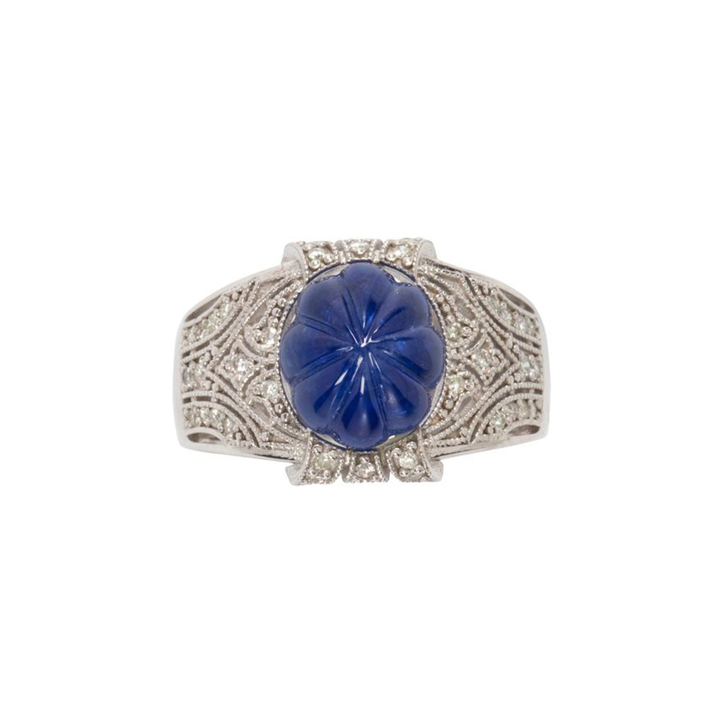 Carved Sapphire, Diamond And 14K White Gold Ring
