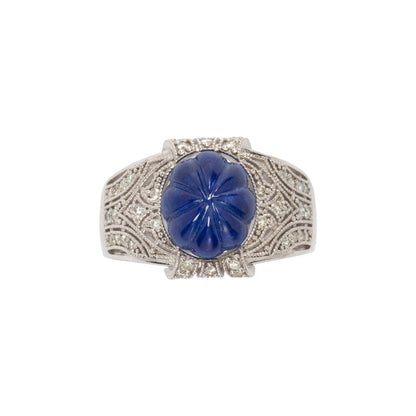 Carved Sapphire, Diamond And 14K White Gold Ring