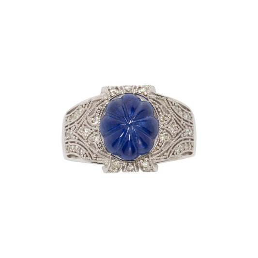Carved Sapphire, Diamond And 14K White Gold Ring