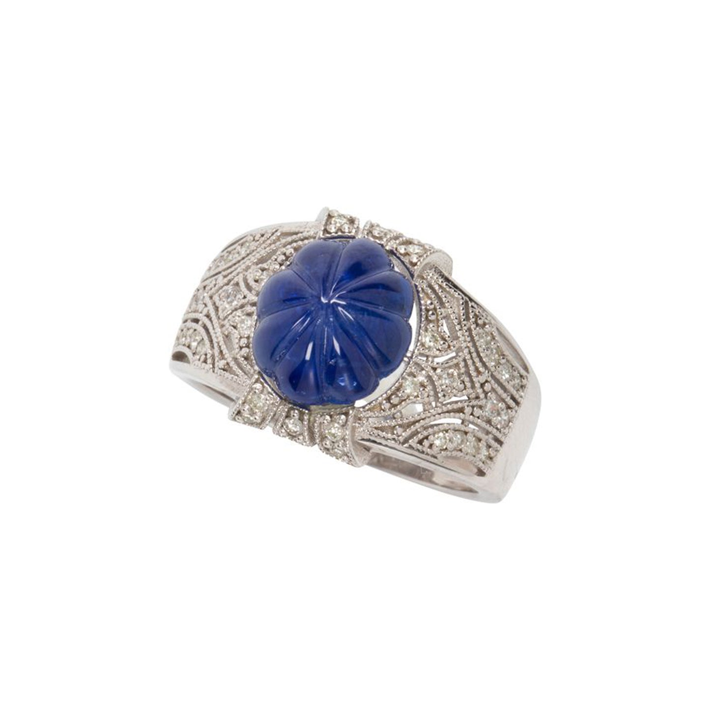 Carved Sapphire, Diamond And 14K White Gold Ring