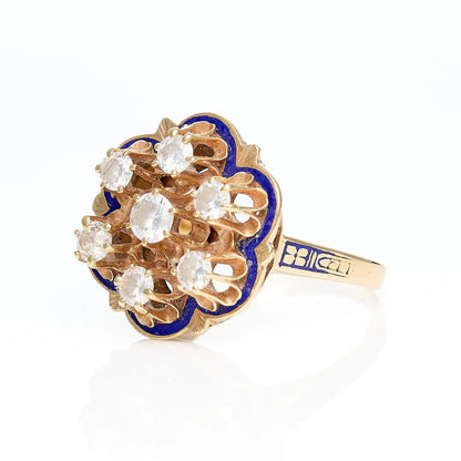 14k Yellow Gold Blue Enamel & Diamond Ring