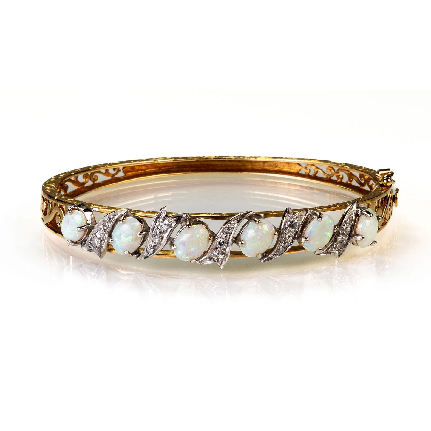 14k Yellow & White Gold Opal Diamond Bangle Bracelet
