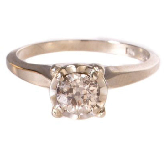 14K White Gold Solitaire Ring Featuring An Old European Cut Diamond Approx. 0.60 Cts