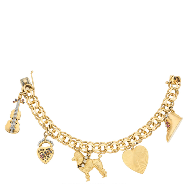 14k Yellow Gold Bracelet with Multi-Stone and Seed Pearl Charms