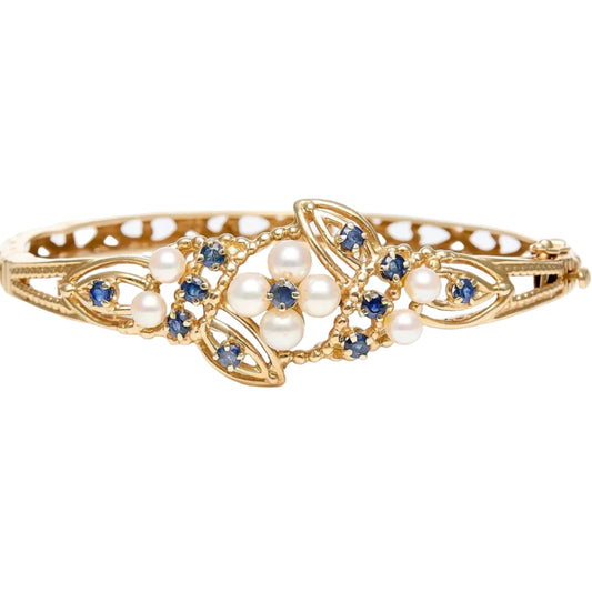 14k Yellow Gold Sapphire & Pearl Bangle Bracelet