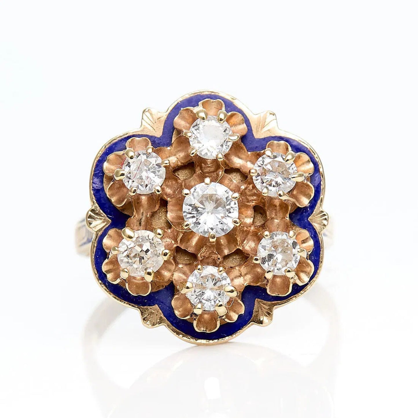 14k Yellow Gold Blue Enamel & Diamond Ring