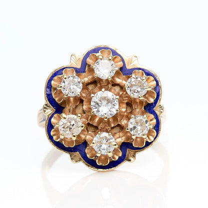 14k Yellow Gold Blue Enamel & Diamond Ring