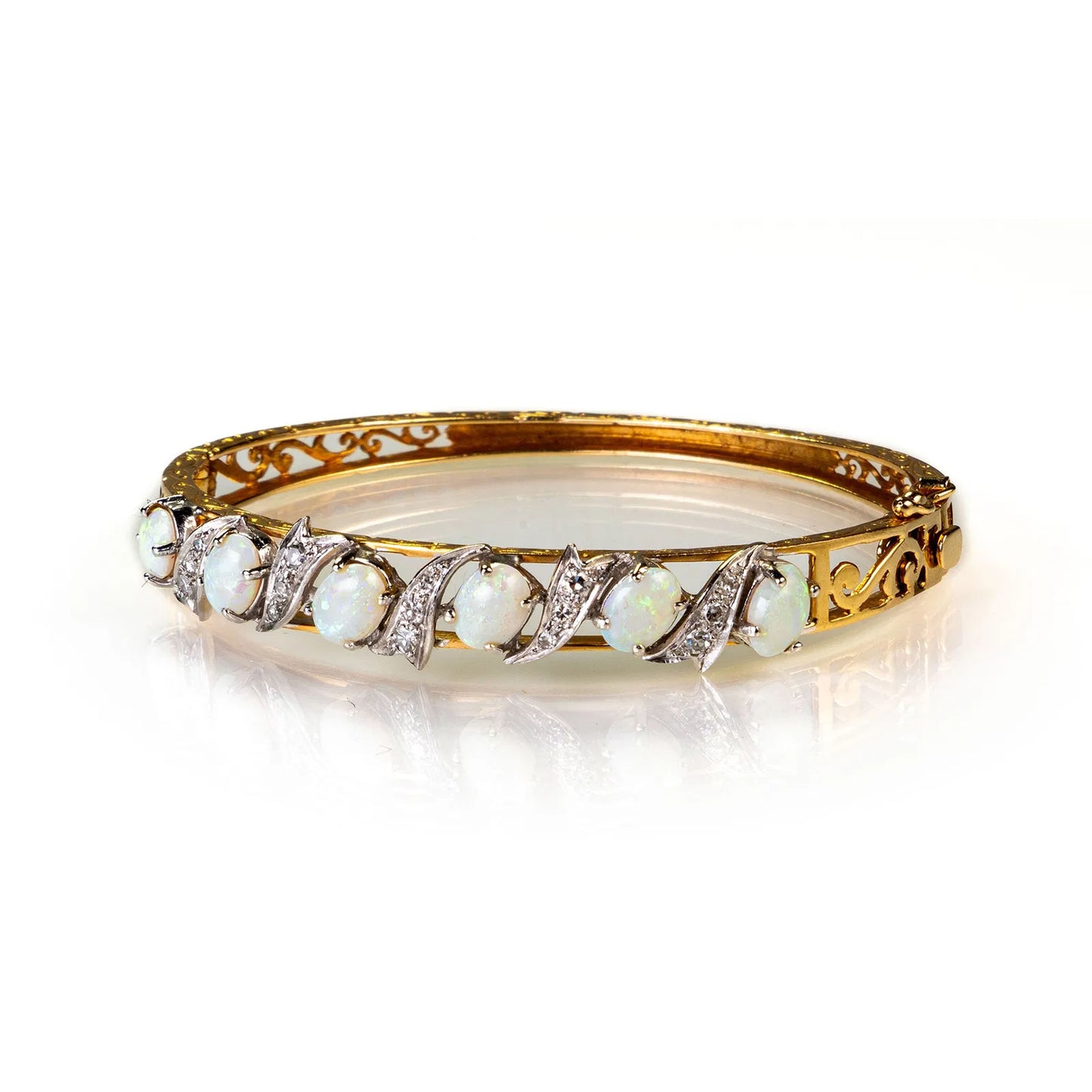14k Yellow & White Gold Opal Diamond Bangle Bracelet