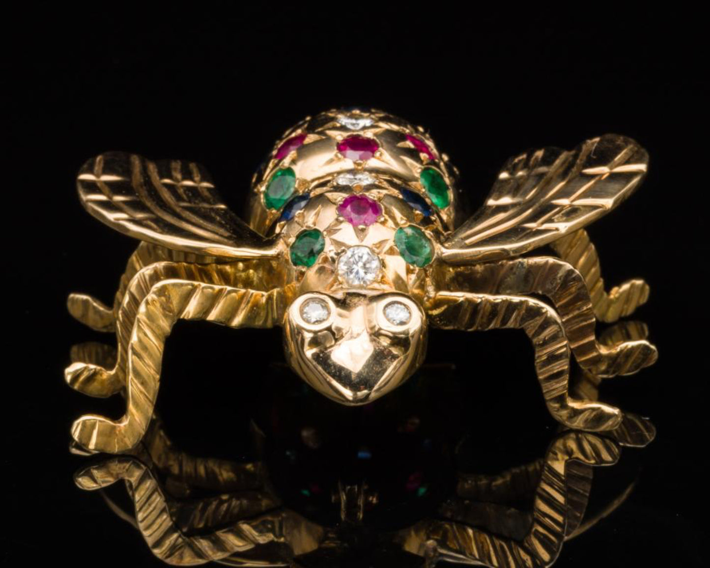 18K Bee Pin w Diamonds, Emeralds, Rubies & Sapphires