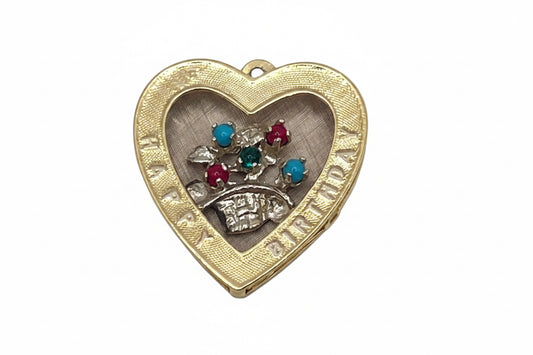 14 Kt Gold Charm Heart Happy Birthday Semi Precious Stones