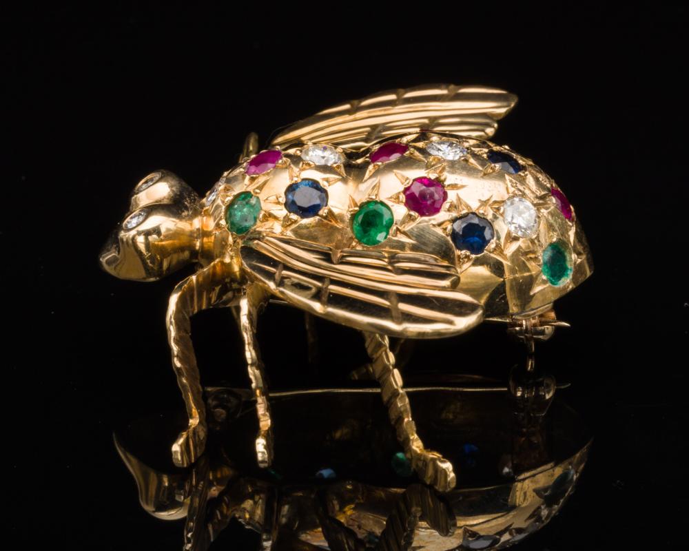 18K Bee Pin w Diamonds, Emeralds, Rubies & Sapphires