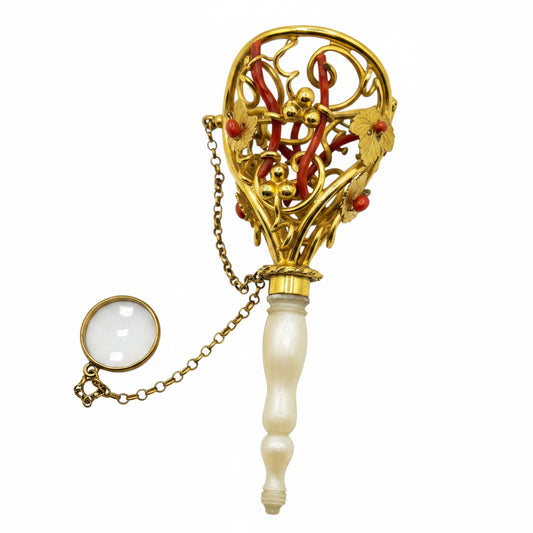 Antique Gilt  Metal Tussie Mussie Wirework Entwined with Natural Coral Branches