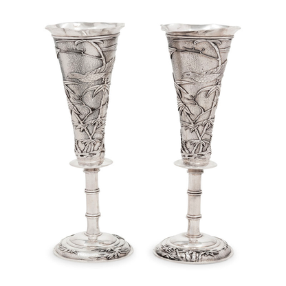 Pair of Chinese Export Silver Vases