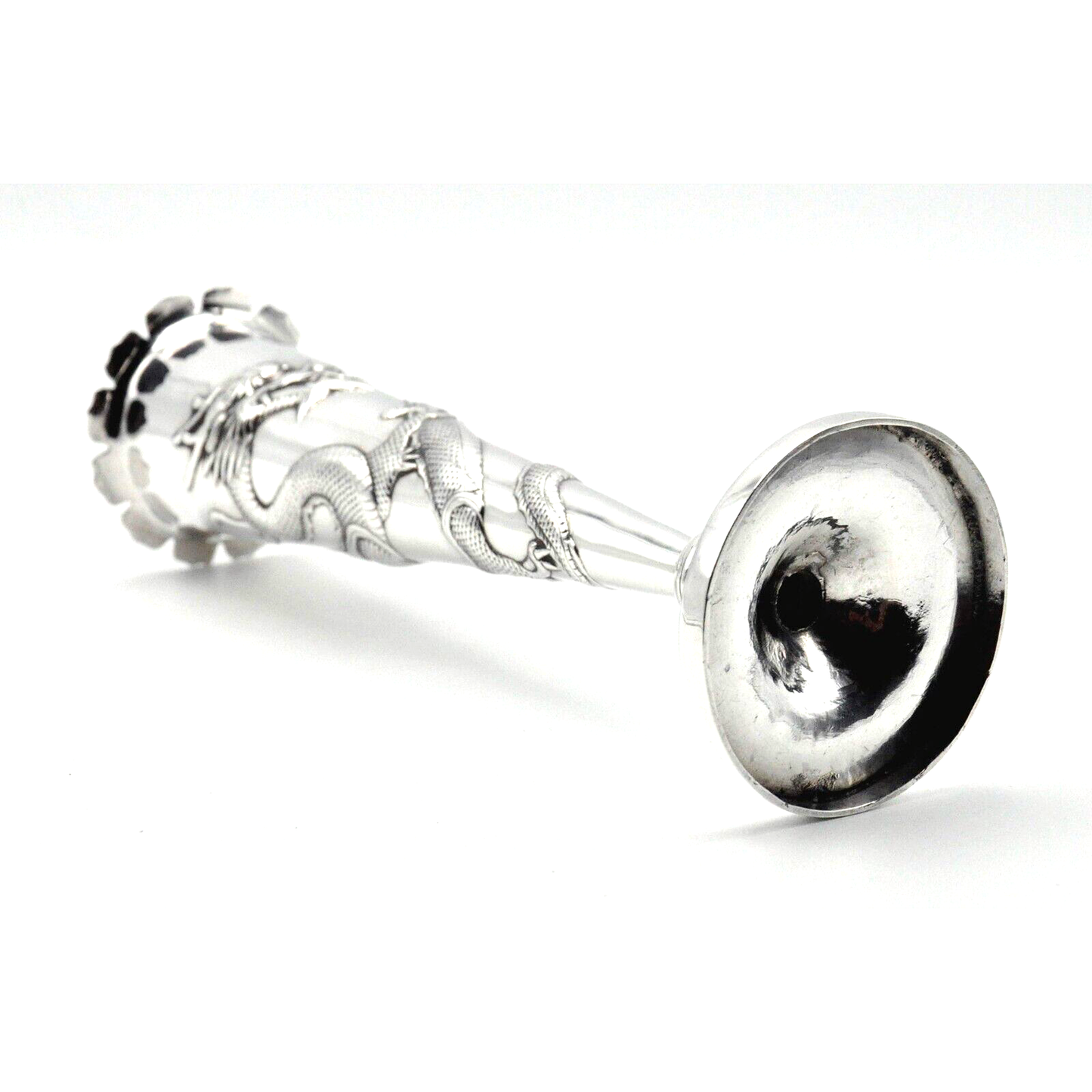 Antique Chinese Export Silver Trumpet Bud Vase Dragon Wang Hing c1890