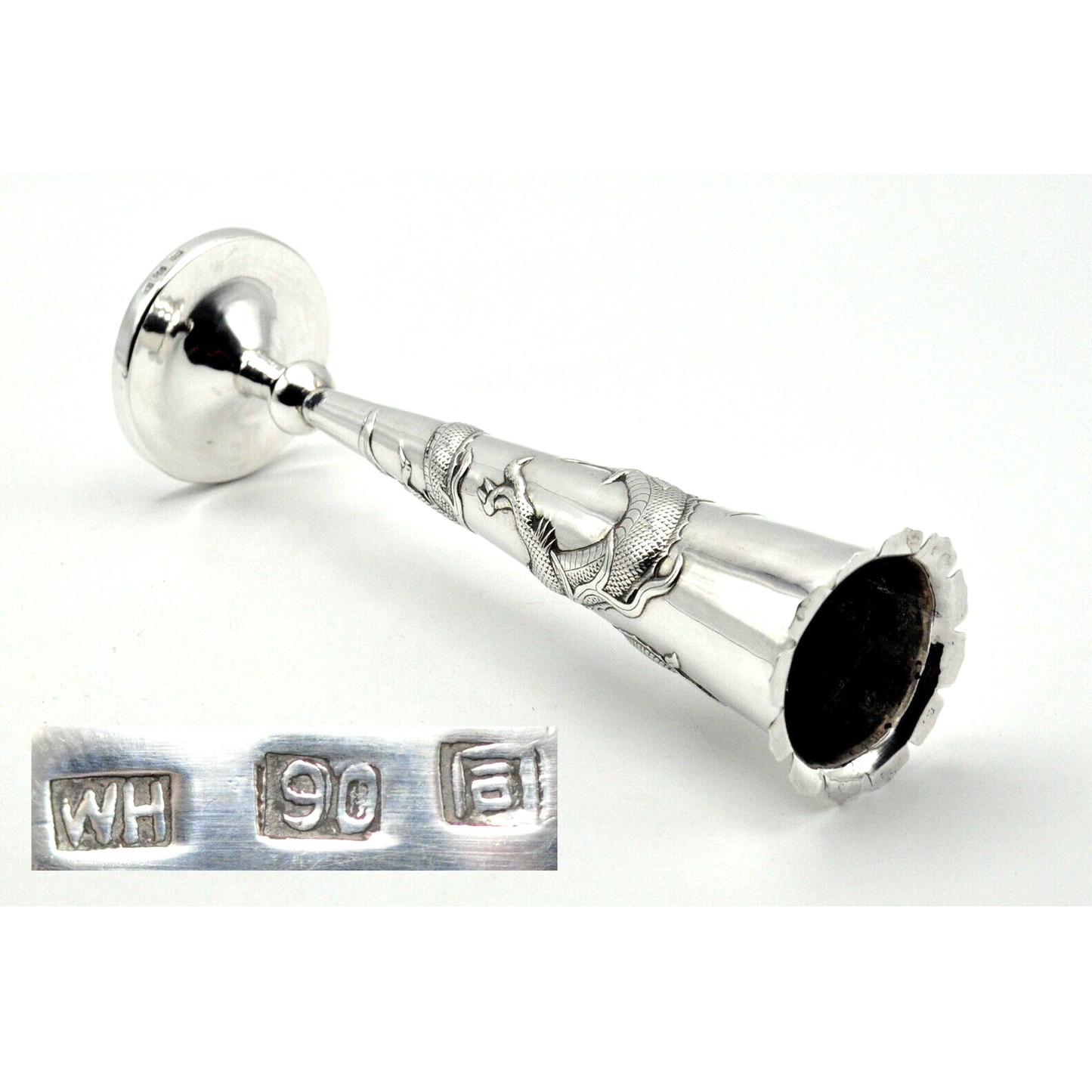 Antique Chinese Export Silver Trumpet Bud Vase Dragon Wang Hing c1890