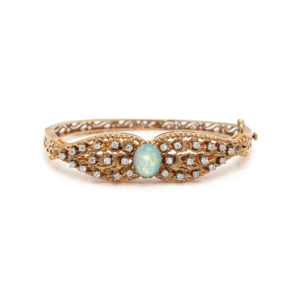 OPAL, DIAMOND, AND YELLOW GOLD BANGLE BRACELET