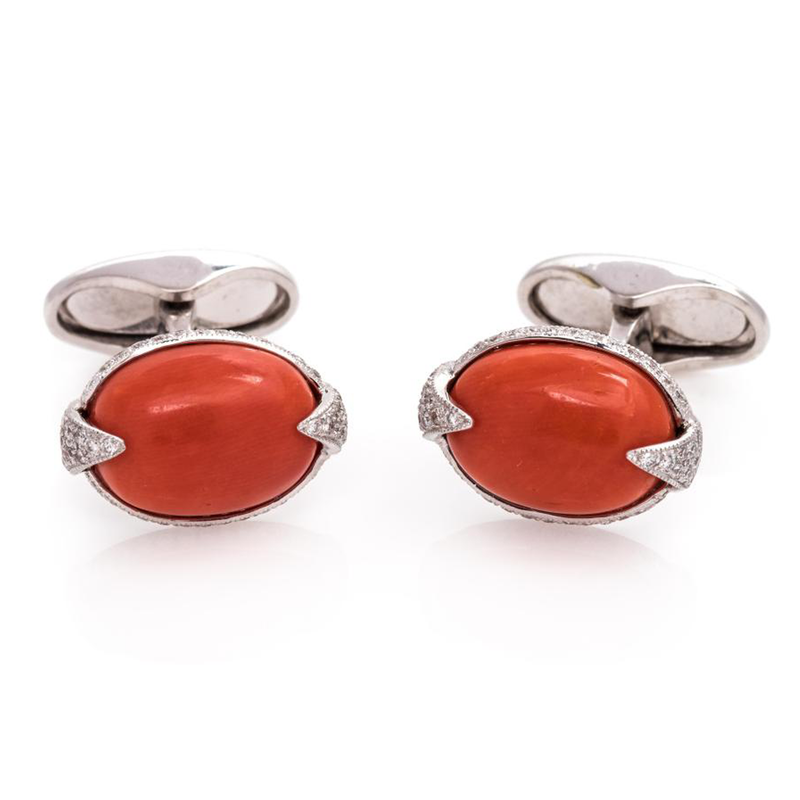 18k White Gold Coral and Diamond Cufflinks