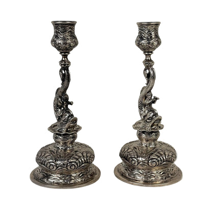 Pair of German 800 Silver Dolphin & Cherub Candles