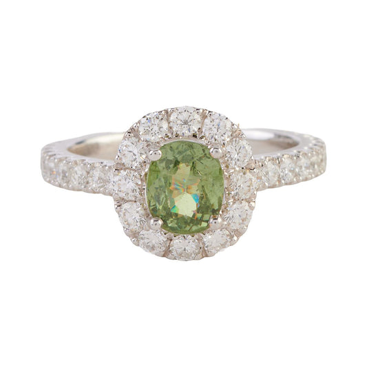 Demantoid 1.2oct Garnet, 1.00, Diamond, 18k White Gold Ring