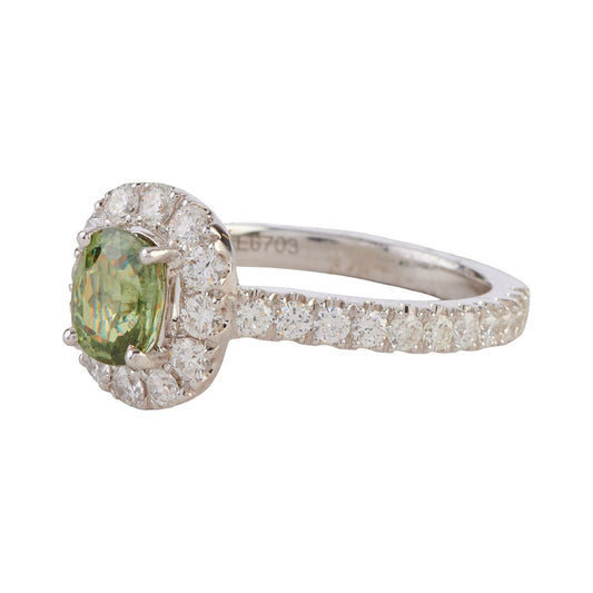 Demantoid 1.2oct Garnet, 1.00, Diamond, 18k White Gold Ring