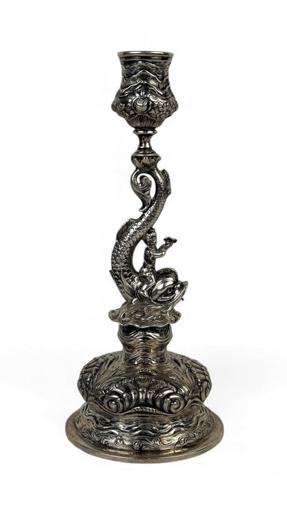 Pair of German 800 Silver Dolphin & Cherub Candles
