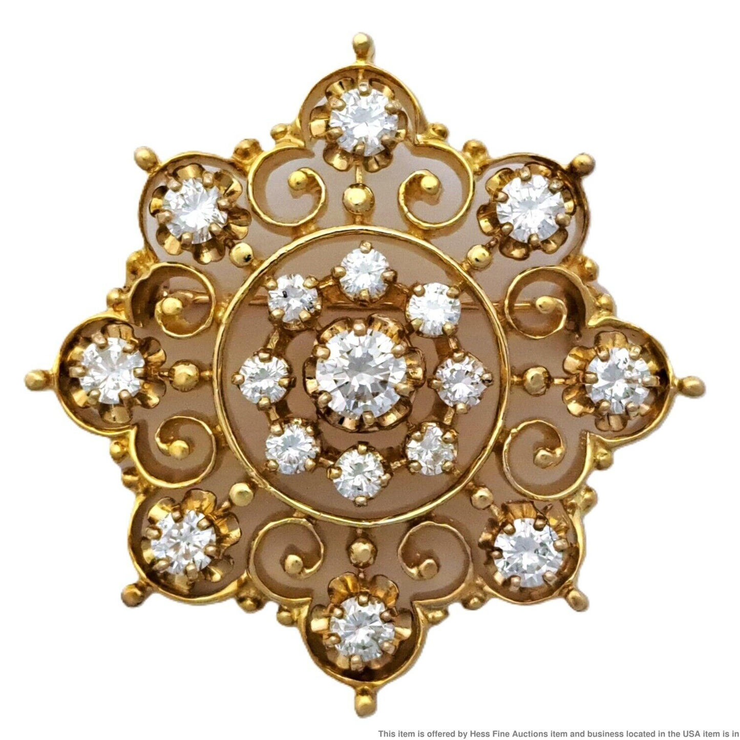 14k Gold Diamond Snowflake Antique Style Ladies Brooch Pendant