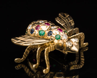 18K Bee Pin w Diamonds, Emeralds, Rubies & Sapphires