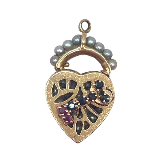 14kt Gold Heart Lock Charm Pearls, Rubies