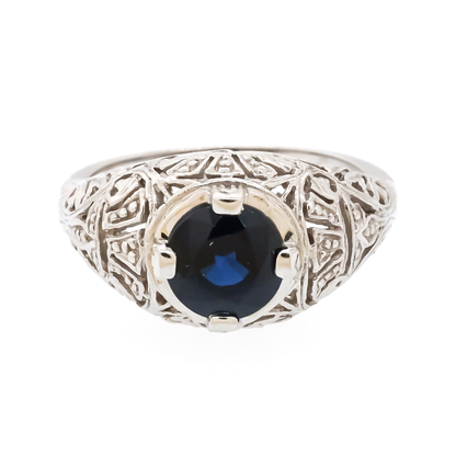 Heavy 18K White Gold 1.80 Ct Sapphire Filigree Ring