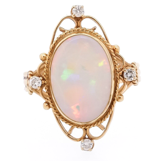 14k Yellow Gold 0.16ct Diamond 10mm x 14mm Opal Ring
