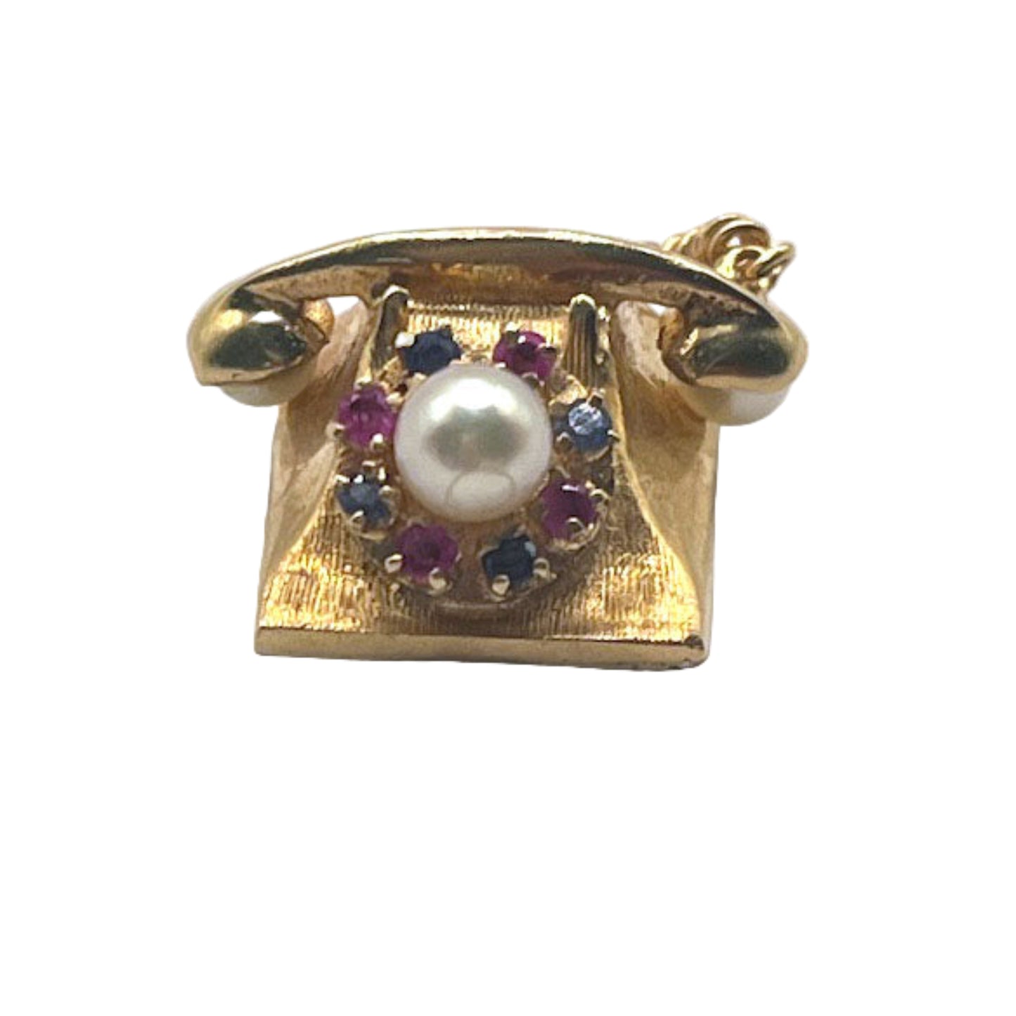 14k Gold Phone Charm with Sapphires, Rubies and Pearl