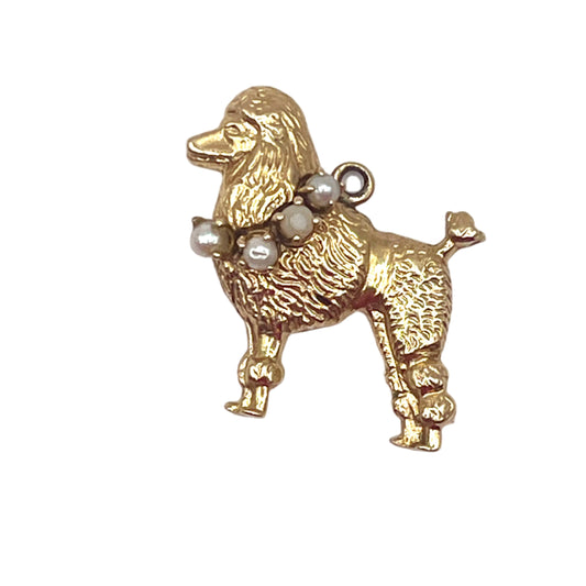 14Kt Gold Large Poodle Charm with Pearl Necklace