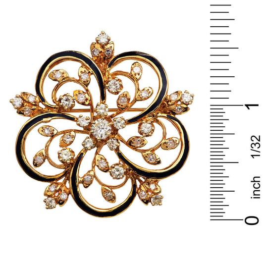 Vintage Diamond & Black Enamel 14K Gold Floral Motif Pin Brooch
