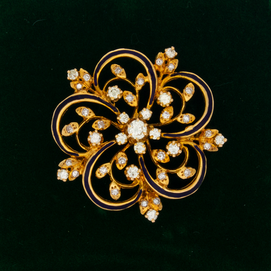Vintage Diamond & Black Enamel 14K Gold Floral Motif Pin Brooch