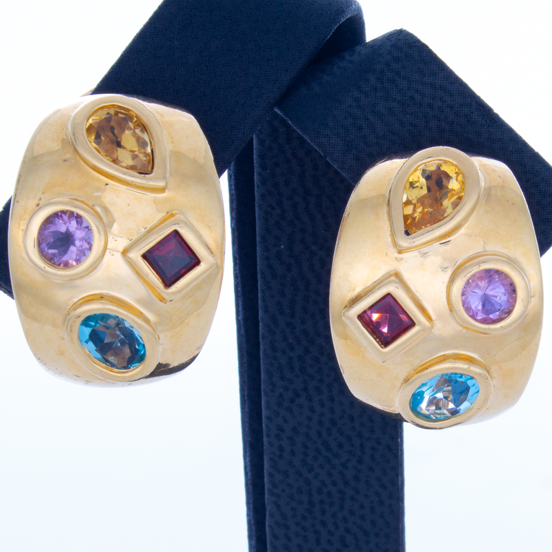 14k Yellow Gold Muti Gemstone Clip Earrings