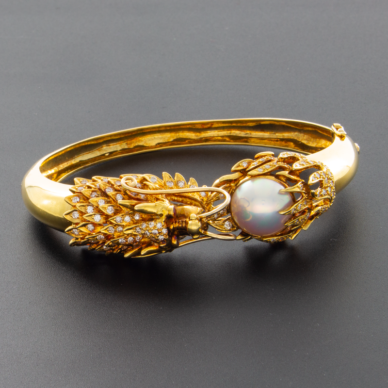 14k Yellow Gold Diamond and Mabe Pearl "Dragon Chasing the Moon" Bracelet