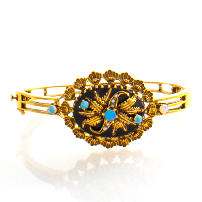 14kt Yellow Gold Opal Onyx Pearl Bangle Bracelet