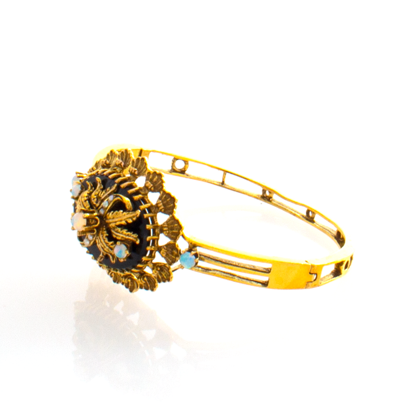 14kt Yellow Gold Opal Onyx Pearl Bangle Bracelet