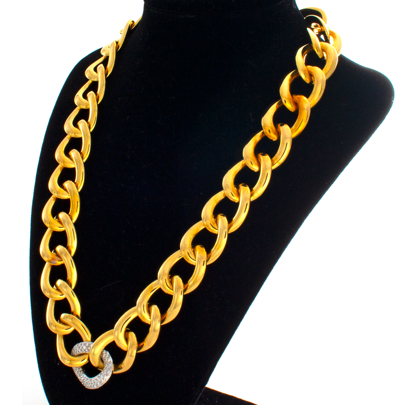 18kt Yellow Gold Curb Link Necklace with Diamond Link Set In White Gold